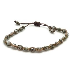 Chan Luu Green & Silvertone Beads Tan Thread Slipknot Adjustable Bracelet NEW